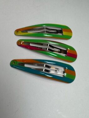 3 Vintage Goody 2” Double Bar Hair Snap Clip Contour Barrettes Rainbow Stripes